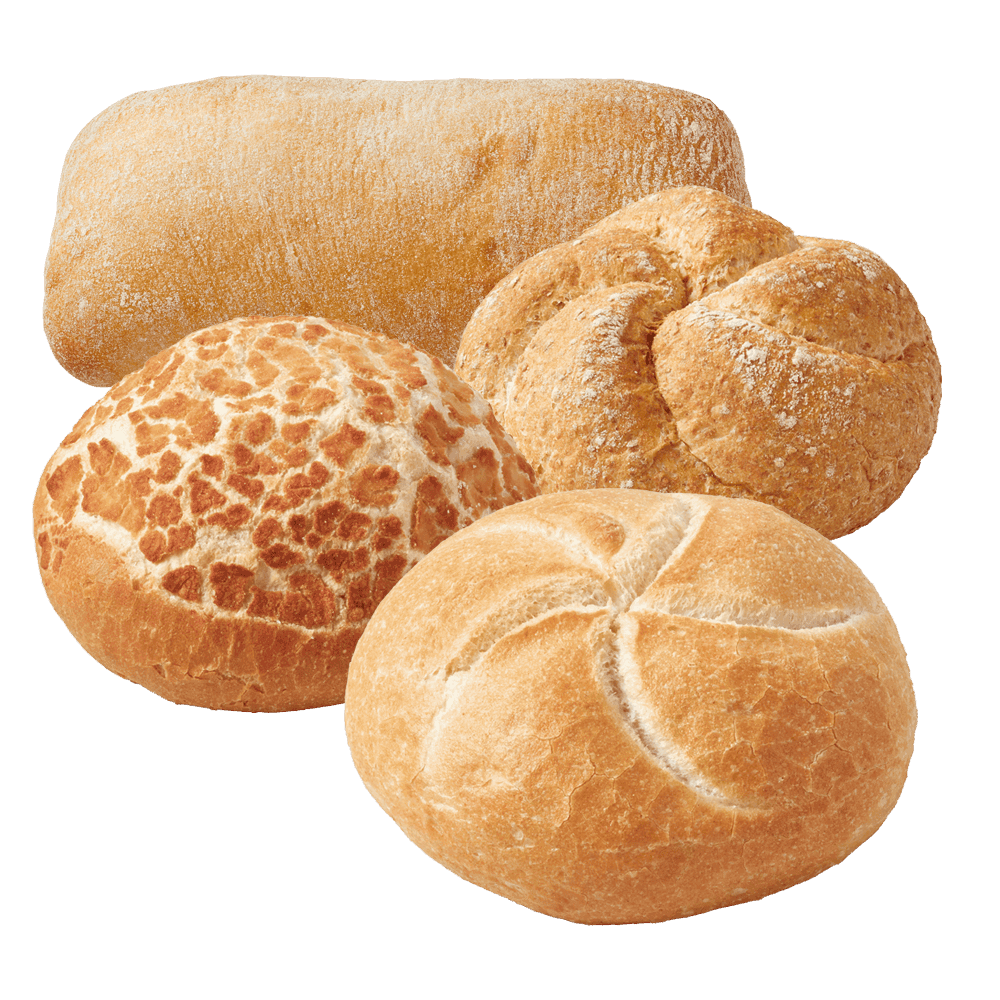 Mini ciabatta wit, kaiserbroodje volkoren en wit en tijgerbol wit