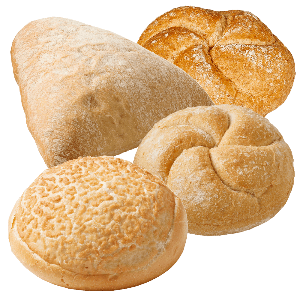 Triangel wit, kaiserbroodje volkoren en wit en tijgerbol wit